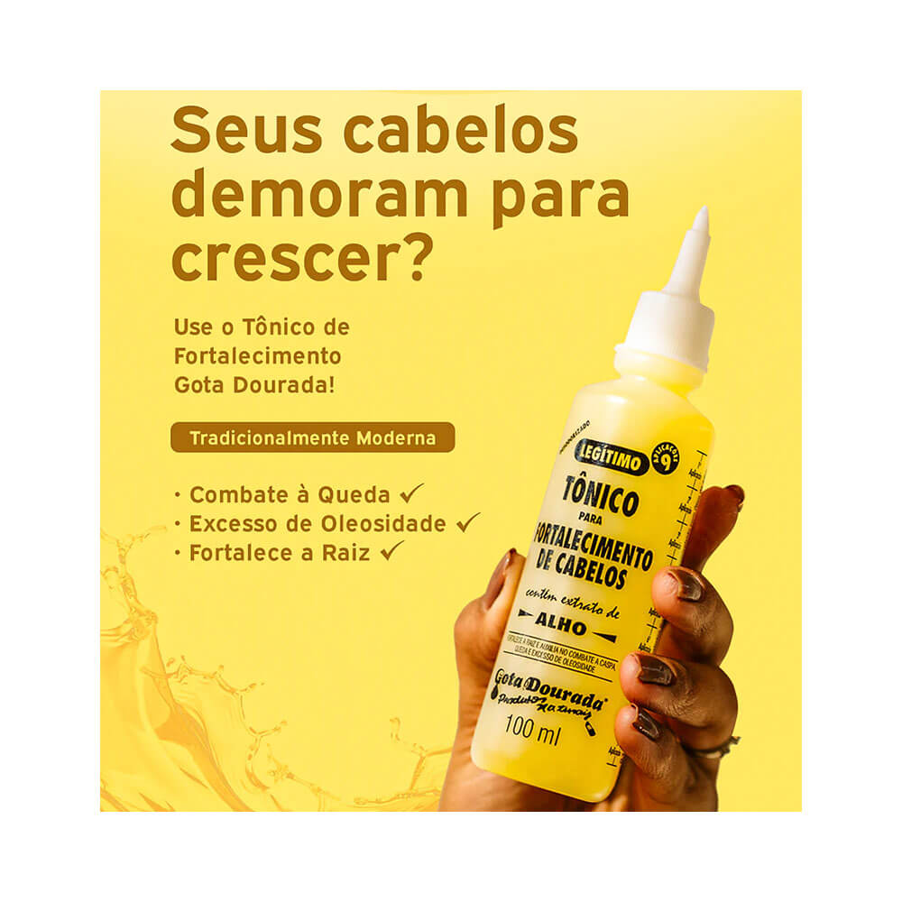 Frasco do Tônico Fortalecimento Gota Dourada com fundo amarelo e benefícios destacados